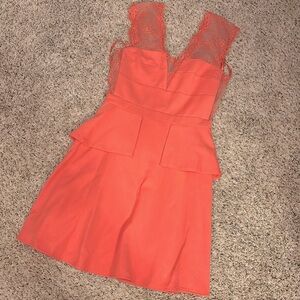 BCBG Max Azria 
Summer dress 
Coral color 
Size 4 
Lace details 
Zipper in back